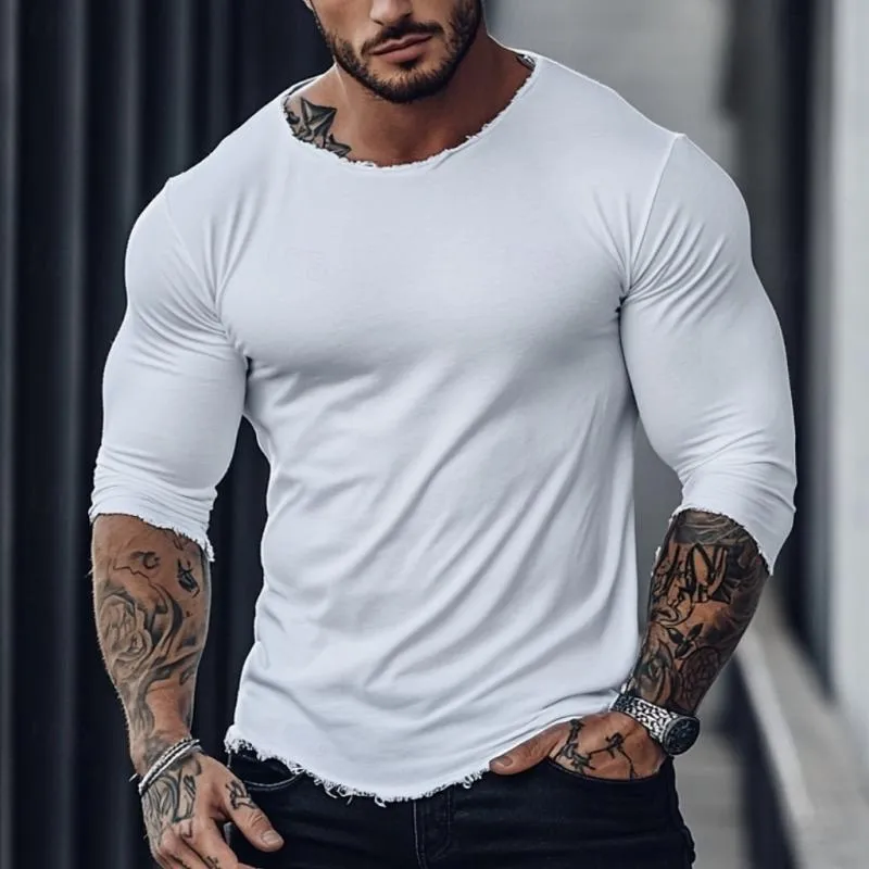 Men's Fashion Raw Edge Round Neck Slim Fit Long Sleeve T-Shirt 99127928Y