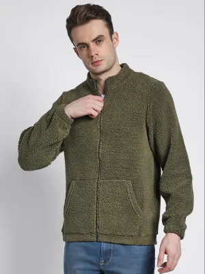 Men's High Neck Regular Fit Solid Fleece Olive Jackets