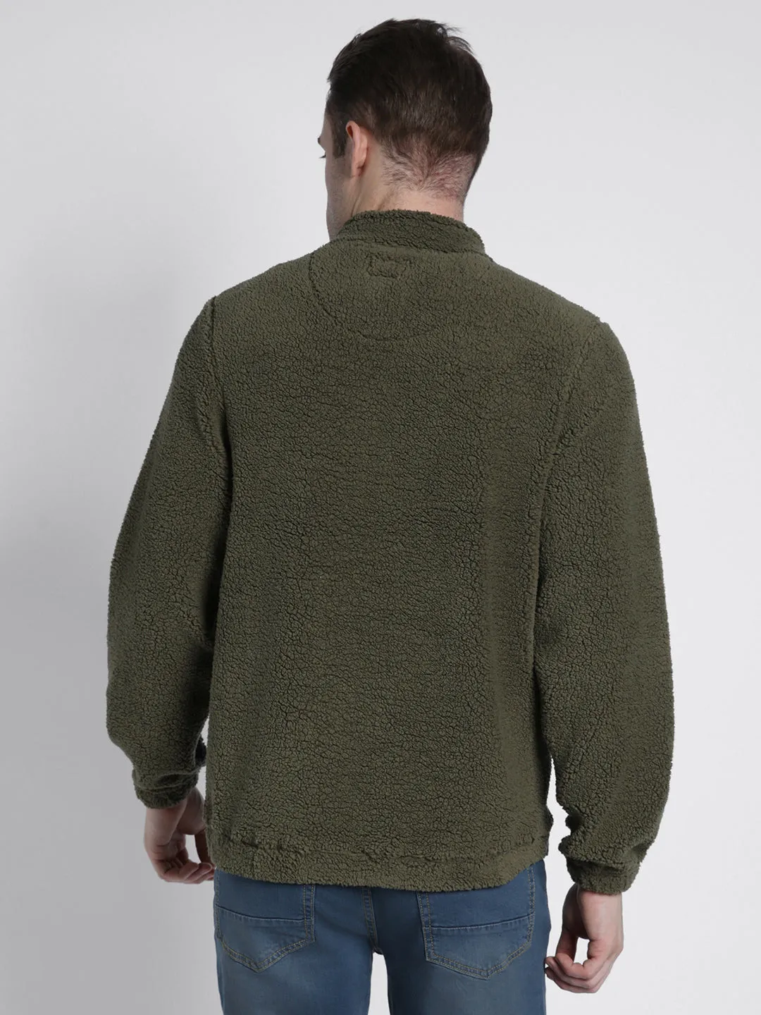 Men's High Neck Regular Fit Solid Fleece Olive Jackets