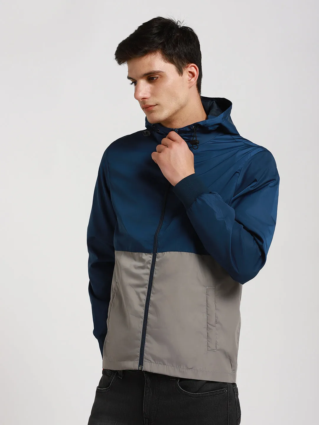 Men's Hooded Regular Fit Colourblock Stone Jackets