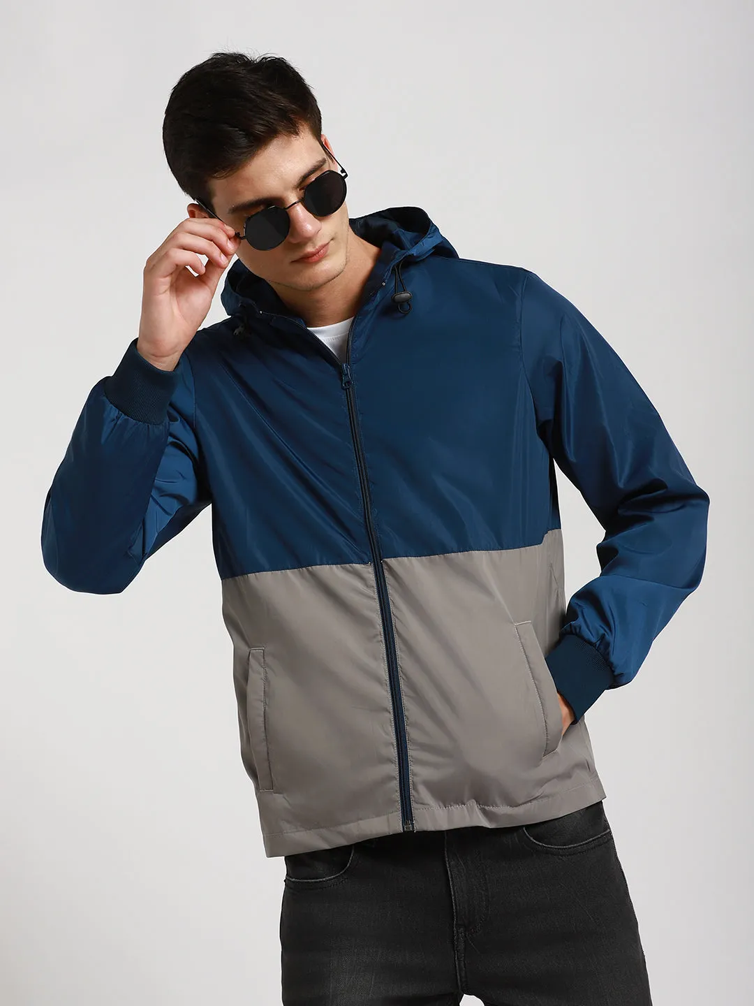 Men's Hooded Regular Fit Colourblock Stone Jackets