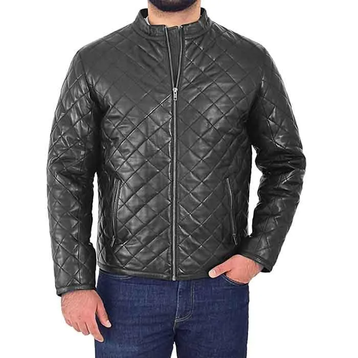 Men’s Leather Puffer Jacket Black Padded Zip Fasten Stand-up Collar