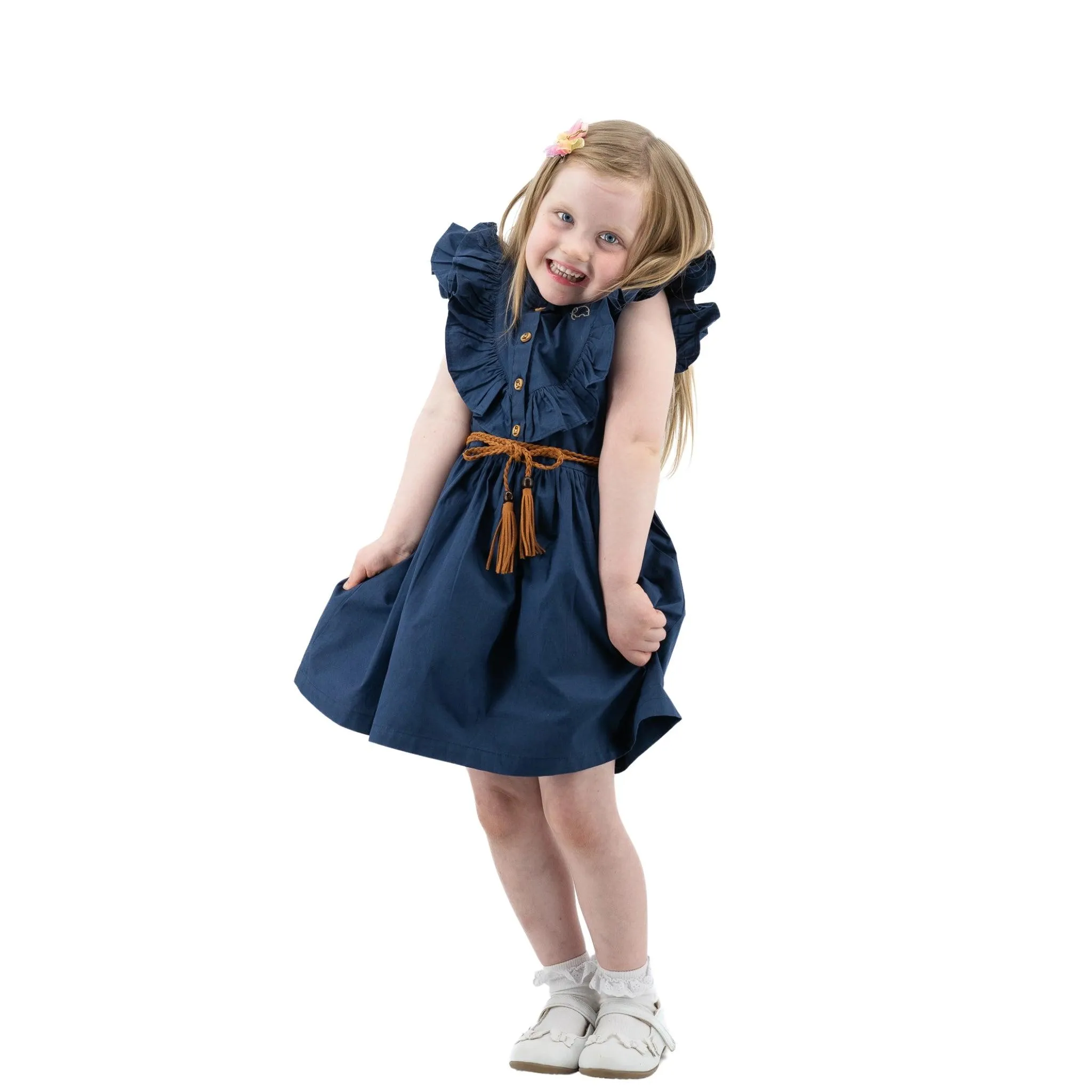 Navy Blue Butterfly Sleeve Cotton Dress