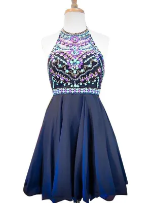 Navy Blue Homecoming Dress Short Beaded Prom Dress for Teens