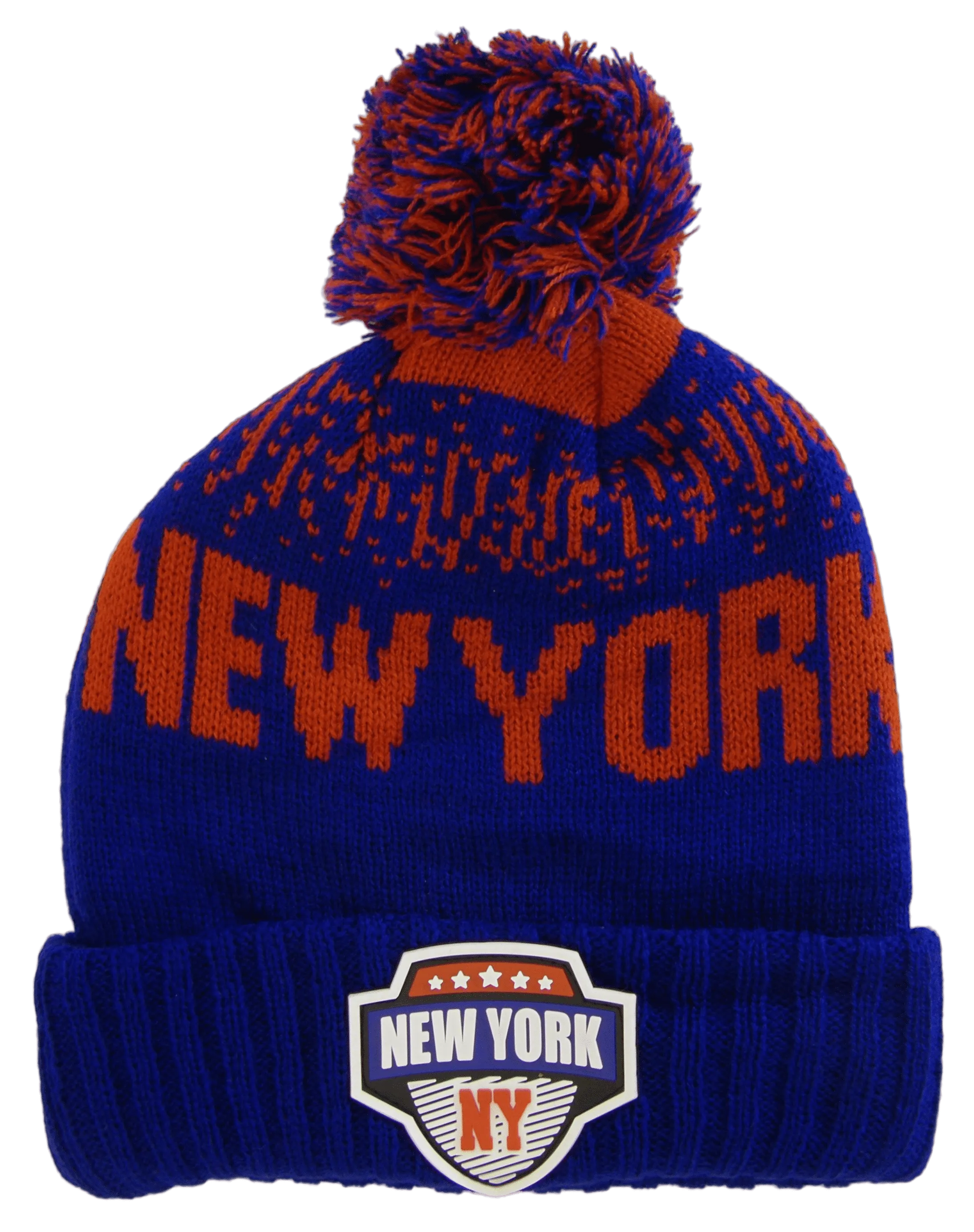 New York City Name Rubber Patch Ribbed Winter Knit Pom Beanie (Royal/Red)