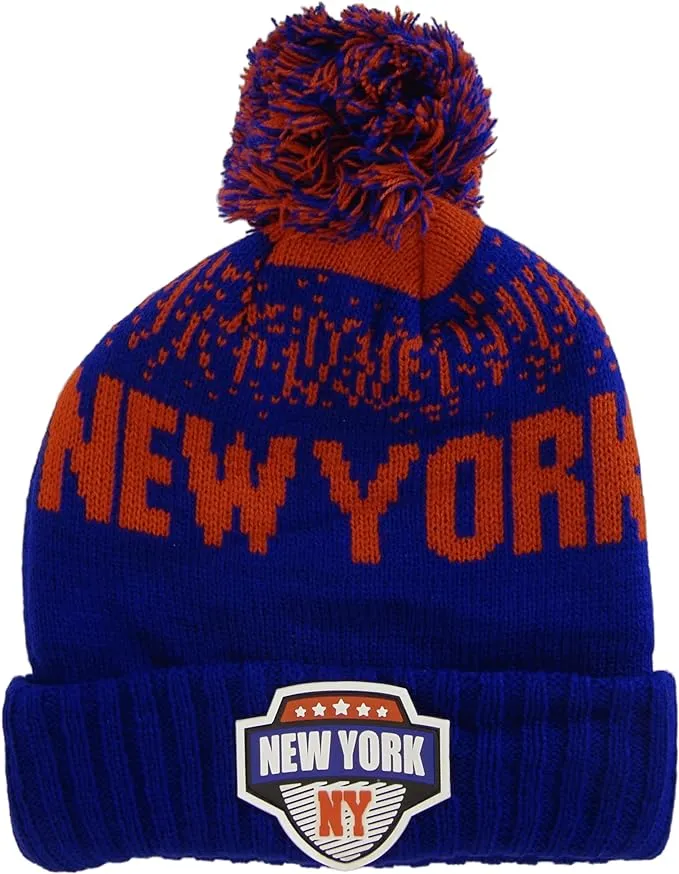 New York City Name Rubber Patch Ribbed Winter Knit Pom Beanie (Royal/Red)