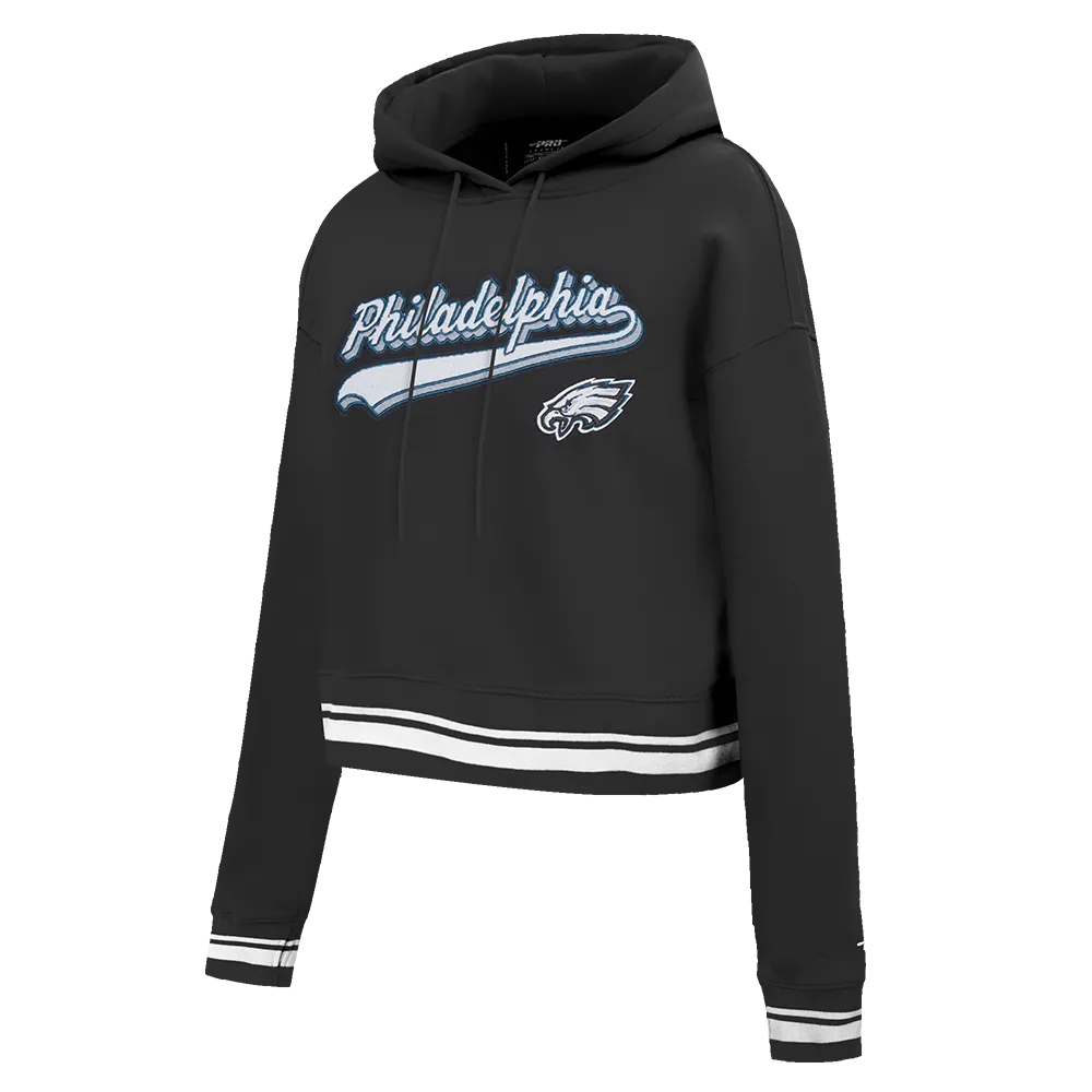 NFL PHILADELPHIA EAGLES SCRIPT TAIL WOMEN'S RIB FLC CROPPED PO HOODIE (BLACK)