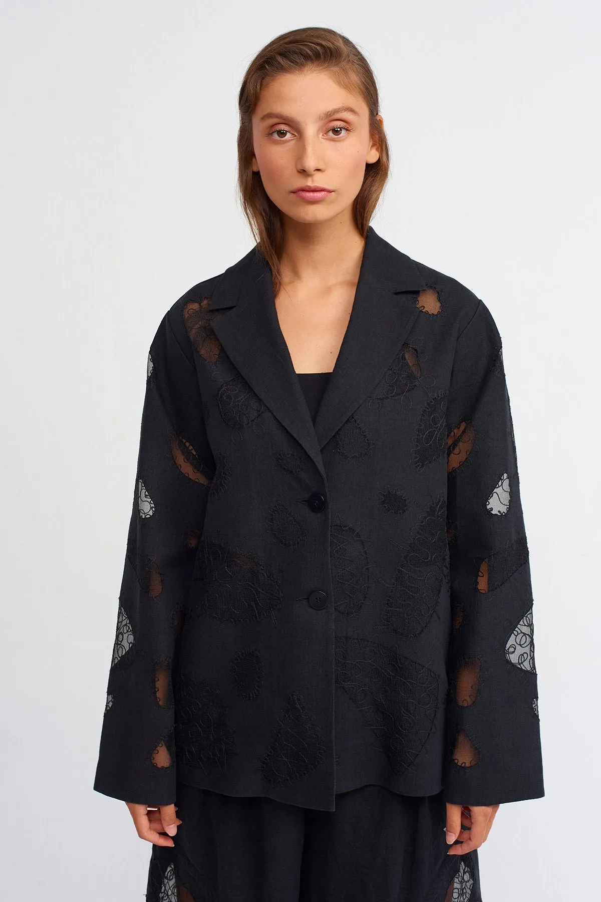 Nu Embroidered Detail Blazer Jacket Black