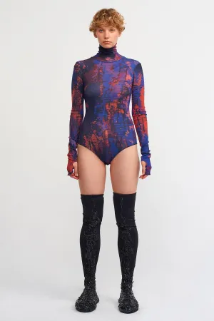 Nu Printed Turtleneck Mesh Bodysuit Red