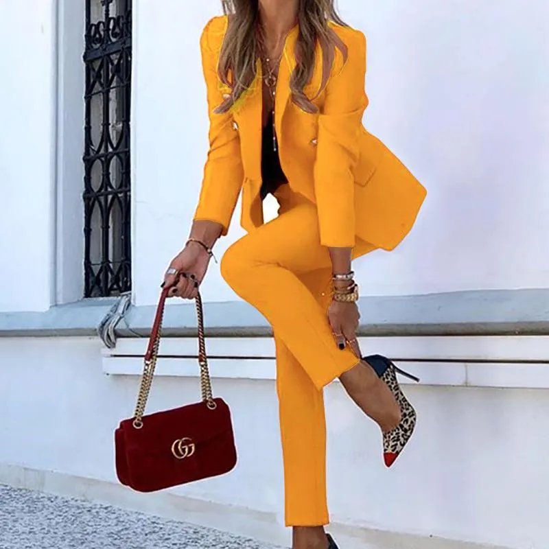 Office Lady Solid Color Blazer Jacket and Long Pants Two-piece Set