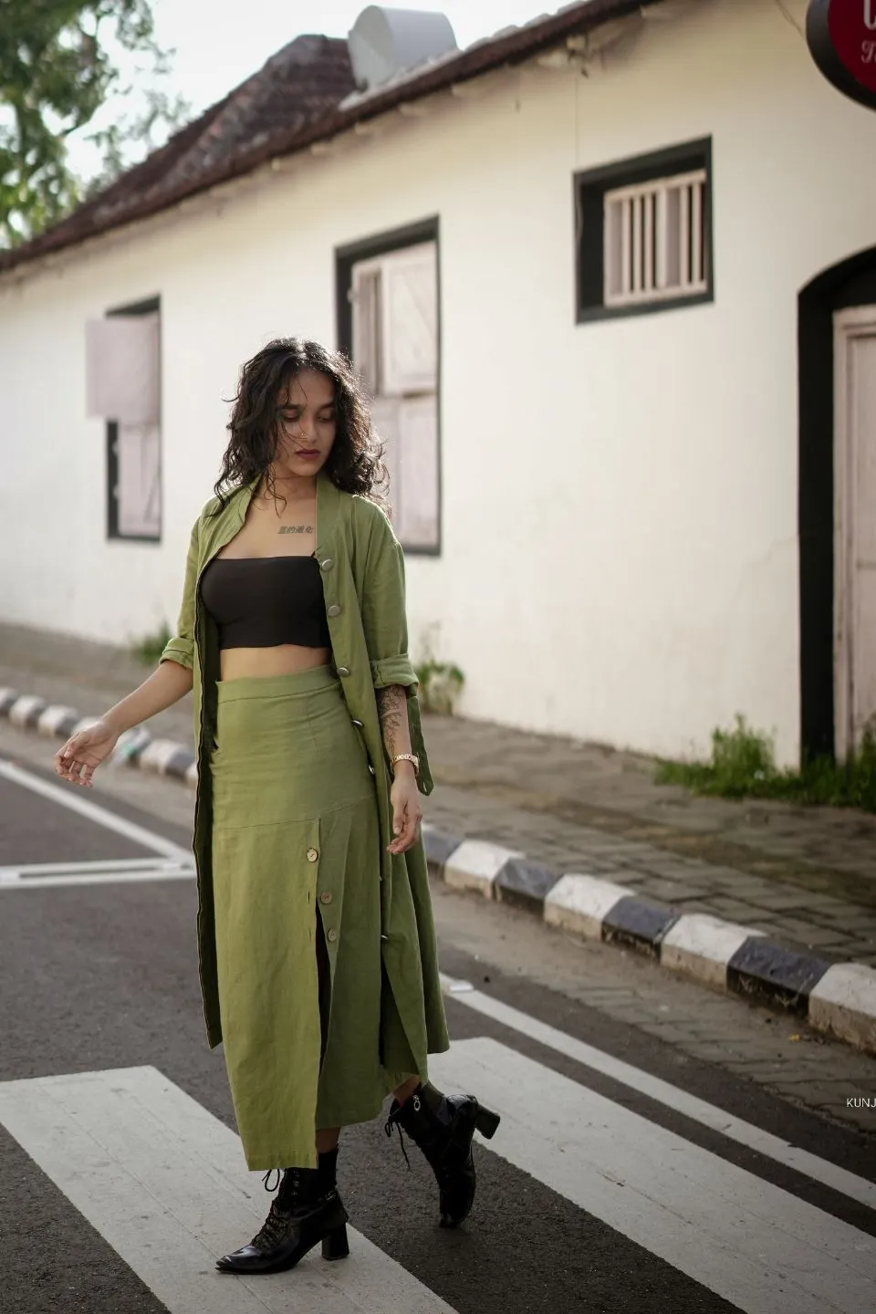 Olive Recycled Cotton Long Slit Skirt