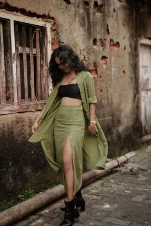 Olive Recycled Cotton Long Slit Skirt