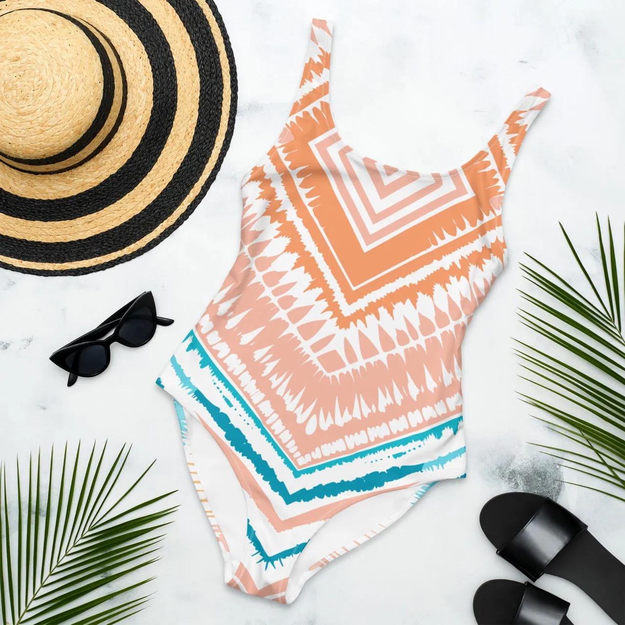 One-Piece Swimsuit Peachy Blues Aztec Charm