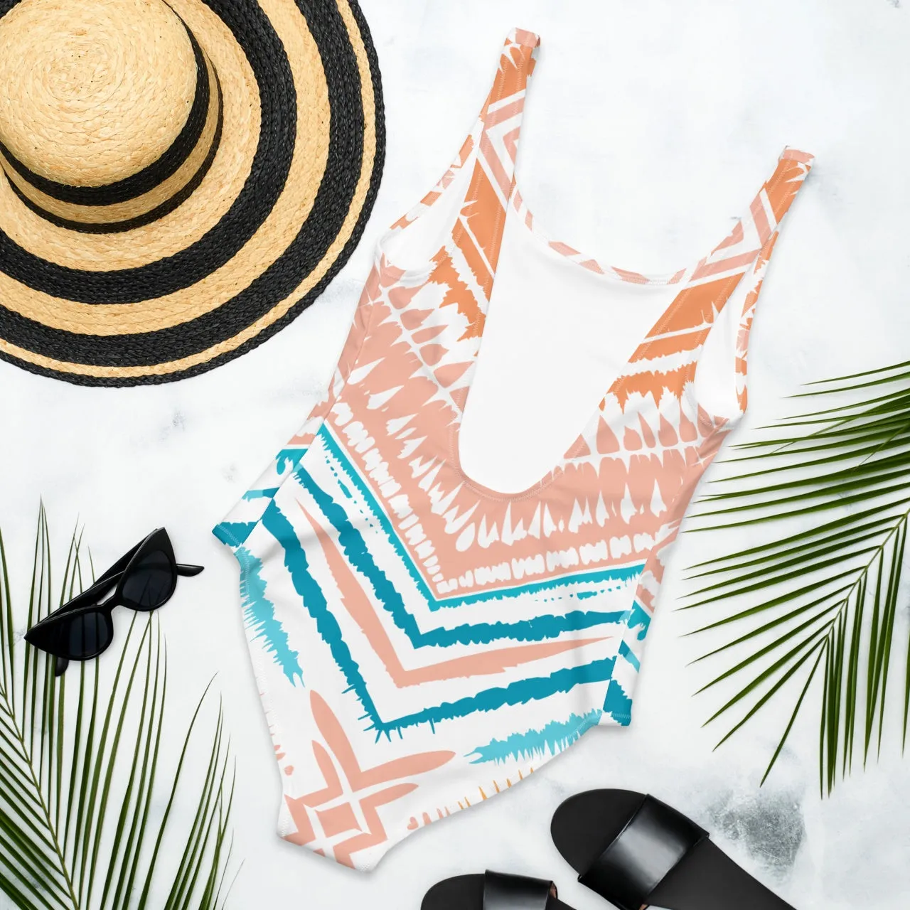 One-Piece Swimsuit Peachy Blues Aztec Charm