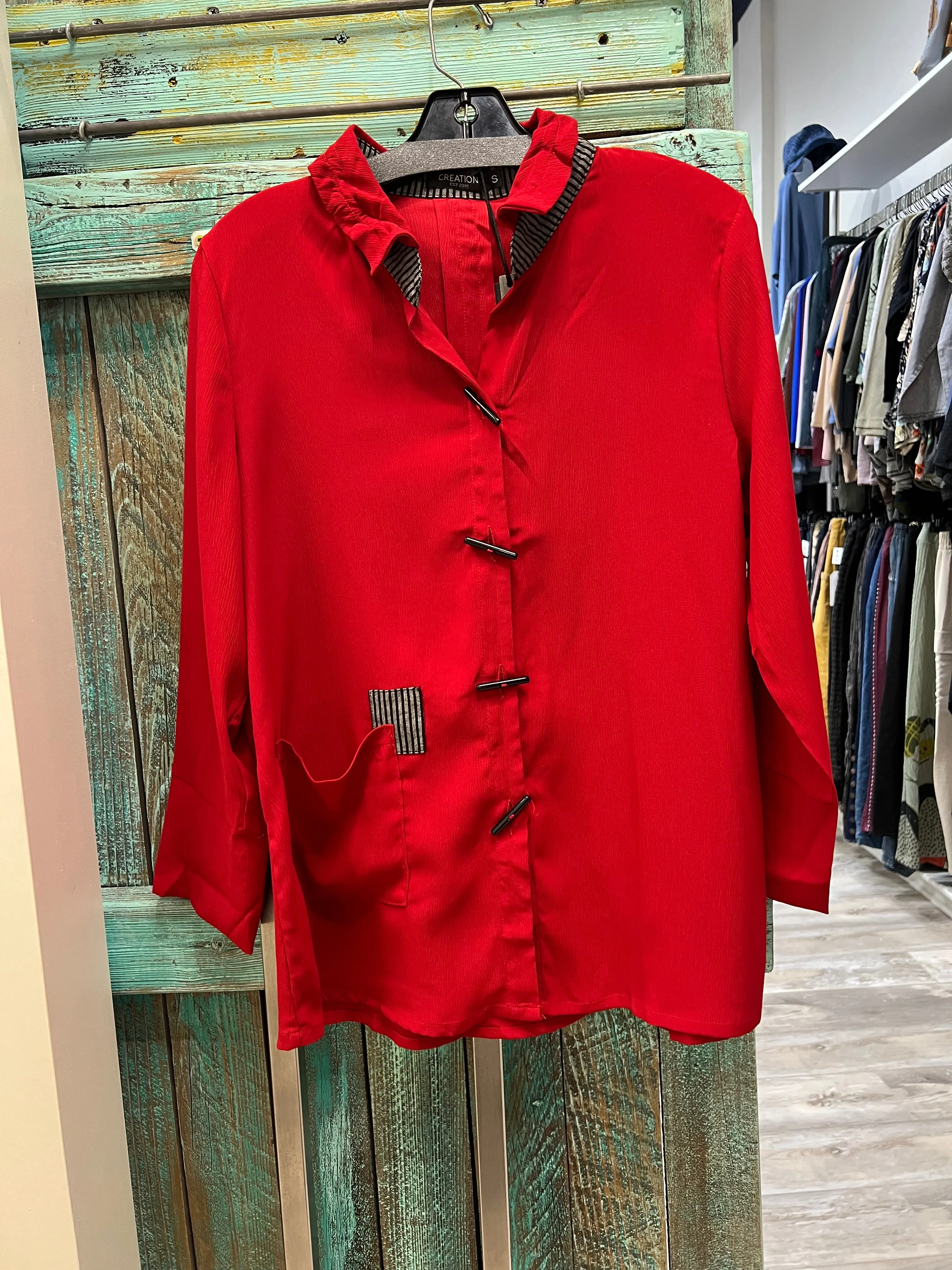 Open Collar Button in Red Jacket by Creations