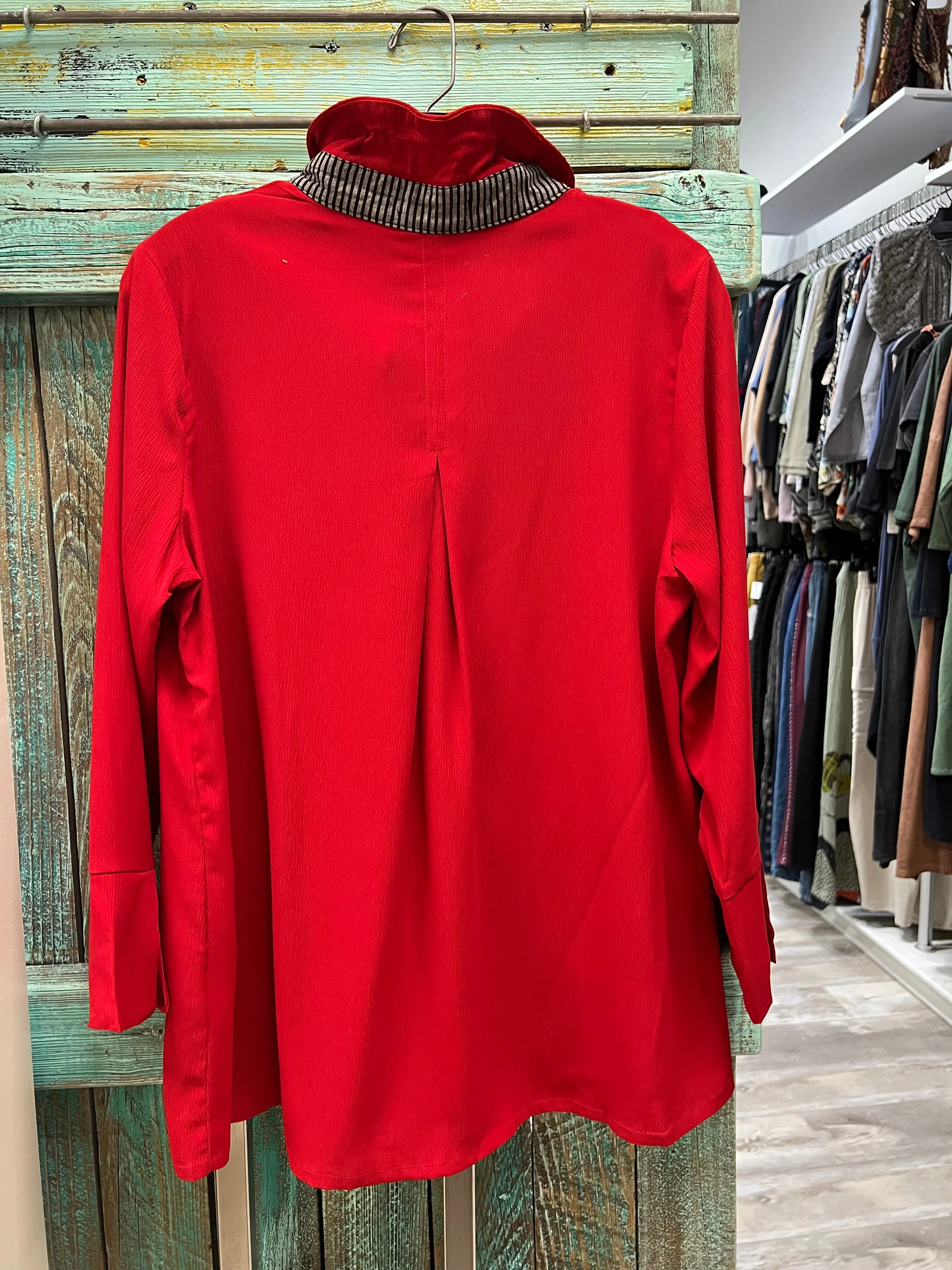 Open Collar Button in Red Jacket by Creations