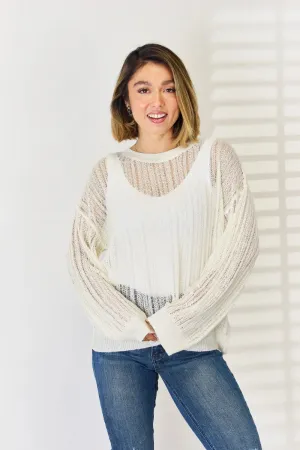 Openwork Ribbed Trim Long Sleeve Knit Top