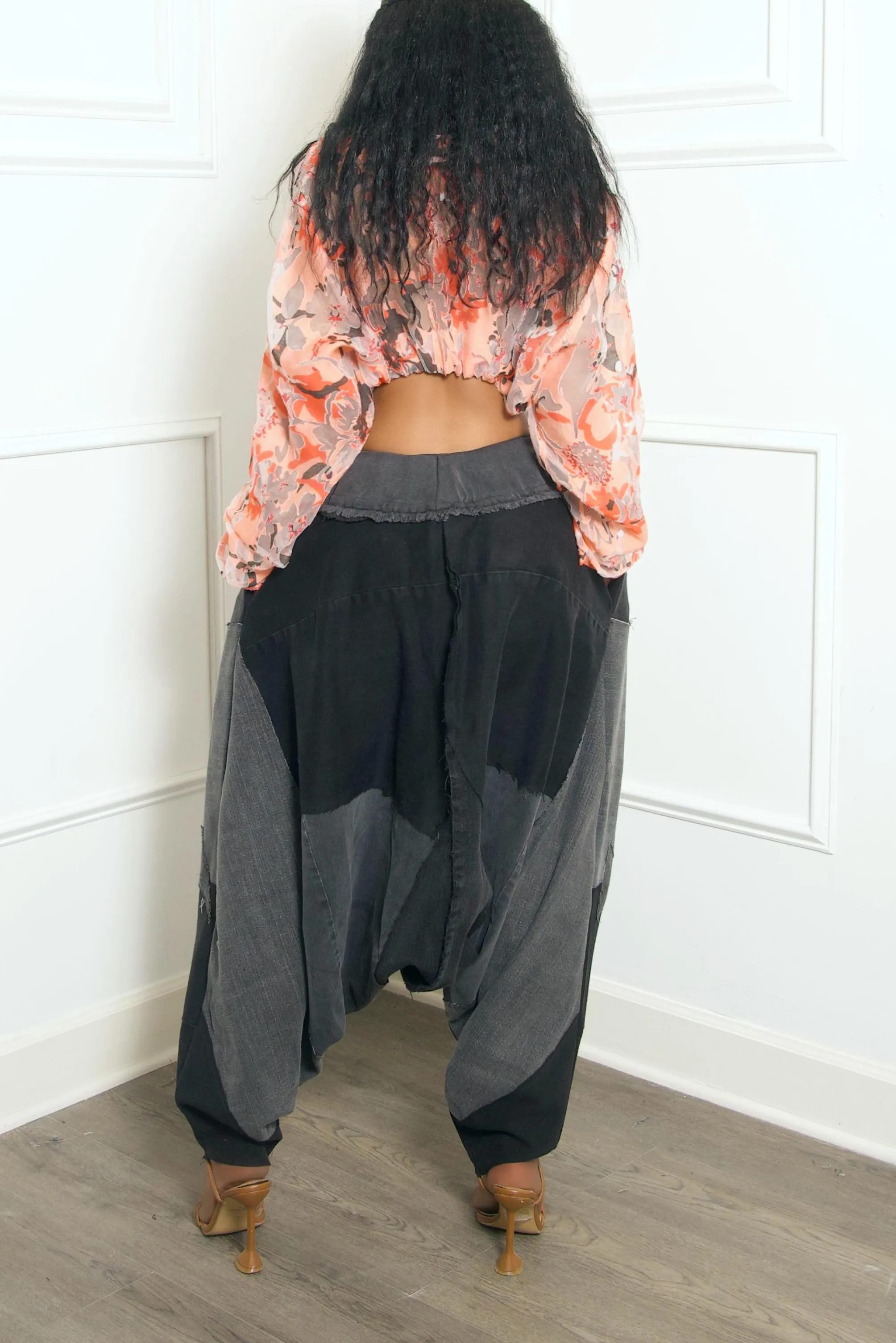 Orange Floral Print Sheer Crop Blouse (S/M)