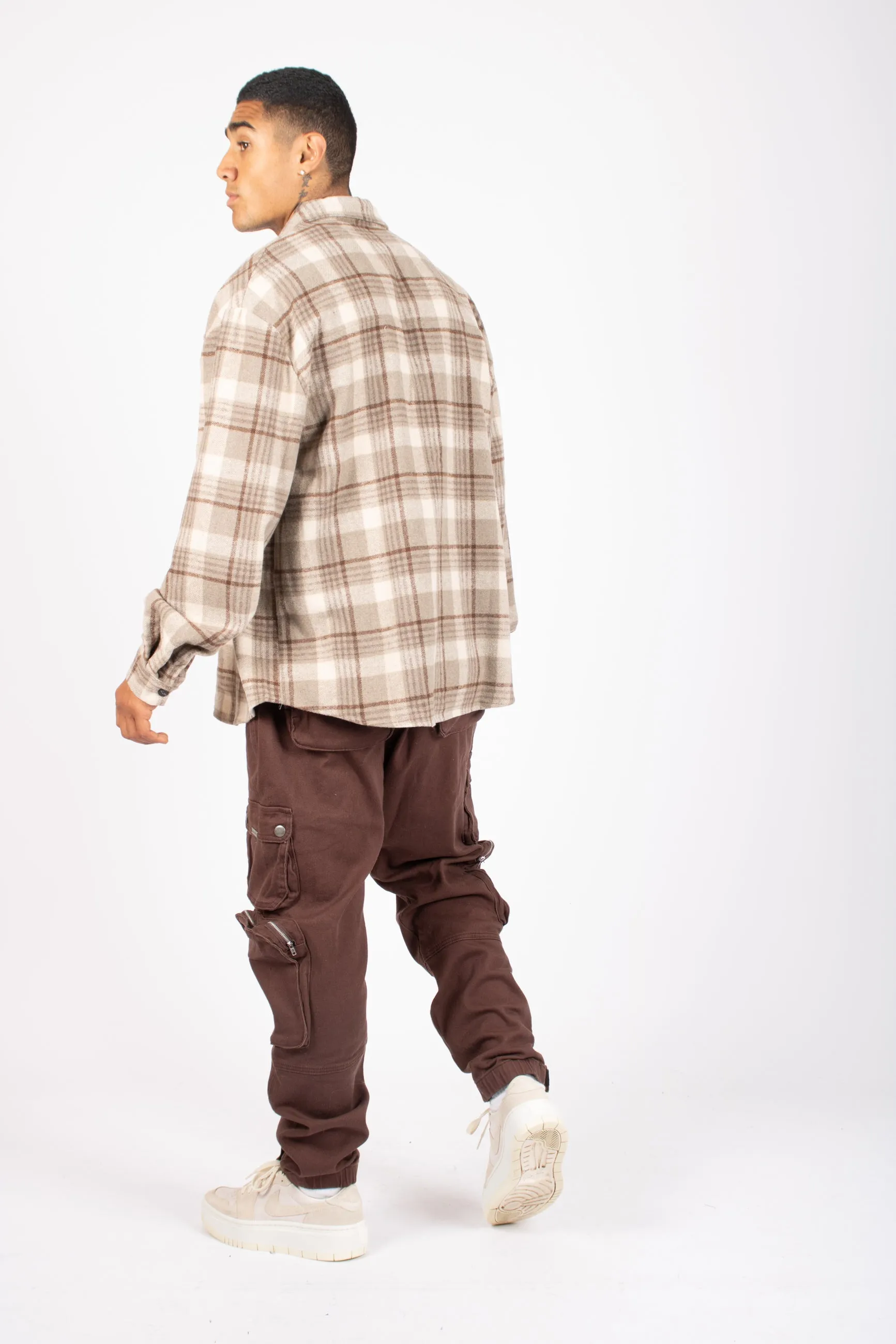 Oversized Long Sleeve Stone Flannel Shirt