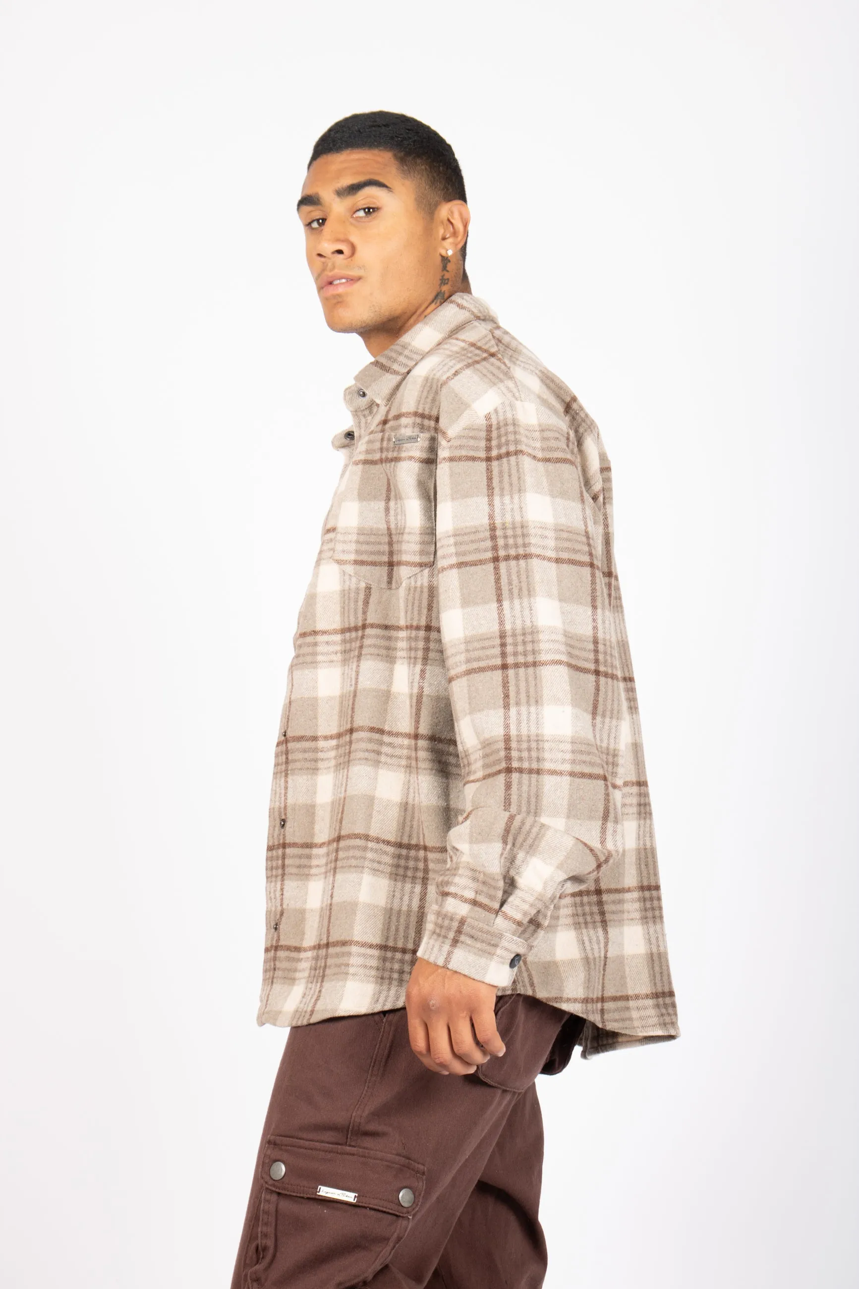 Oversized Long Sleeve Stone Flannel Shirt