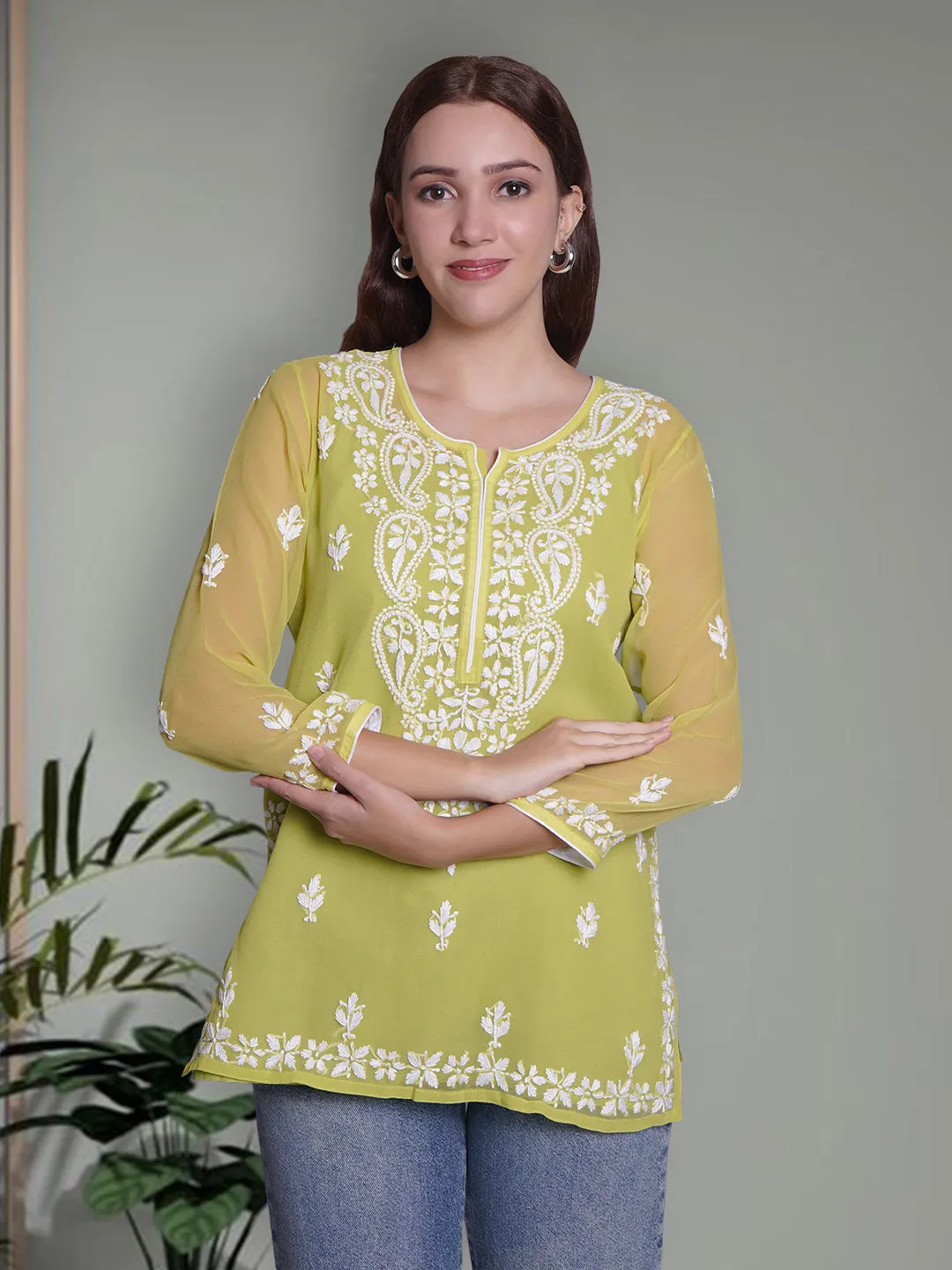 Parrot Green Georgette Chikankari Short Tunic With Slip