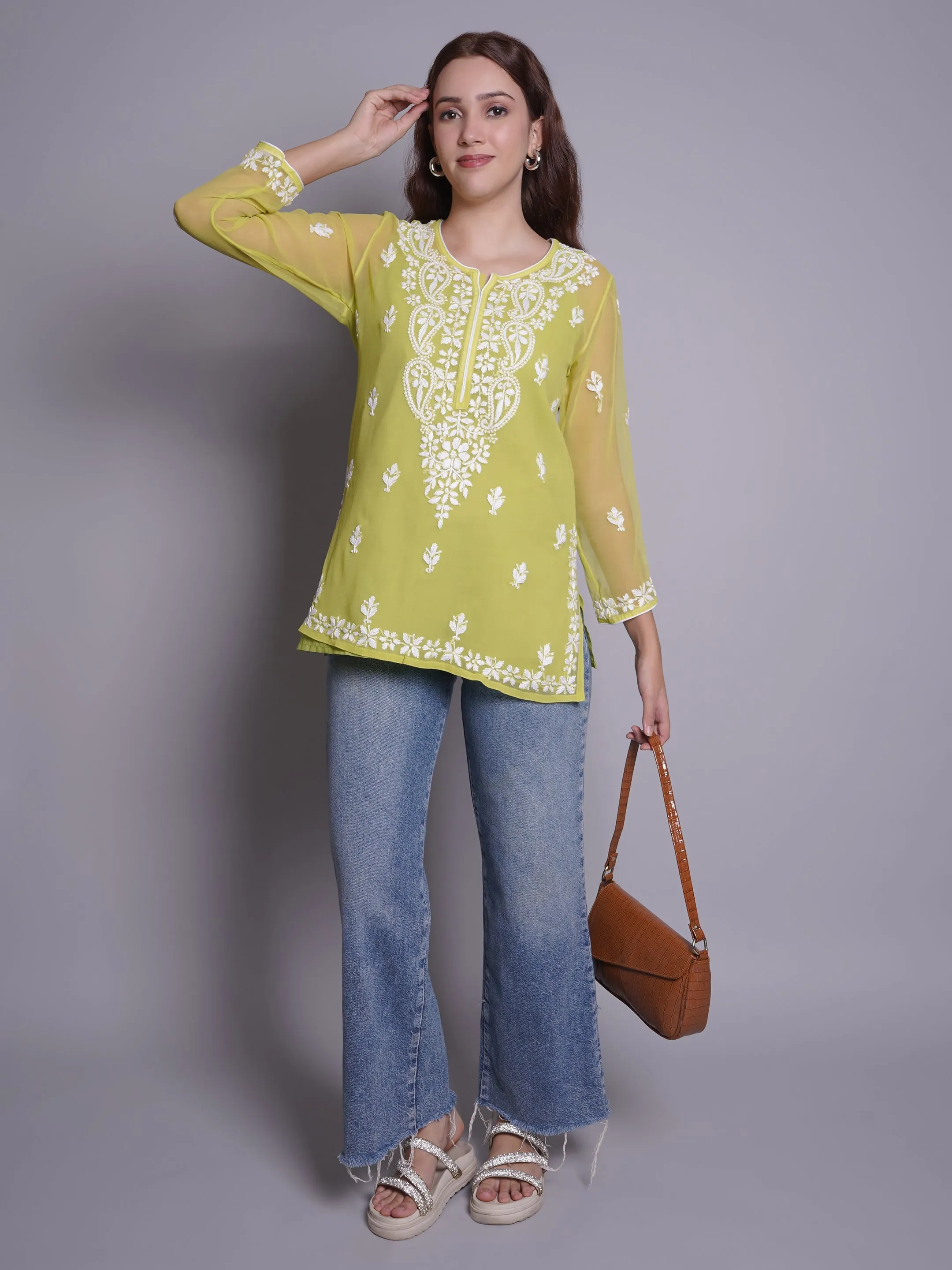 Parrot Green Georgette Chikankari Short Tunic With Slip