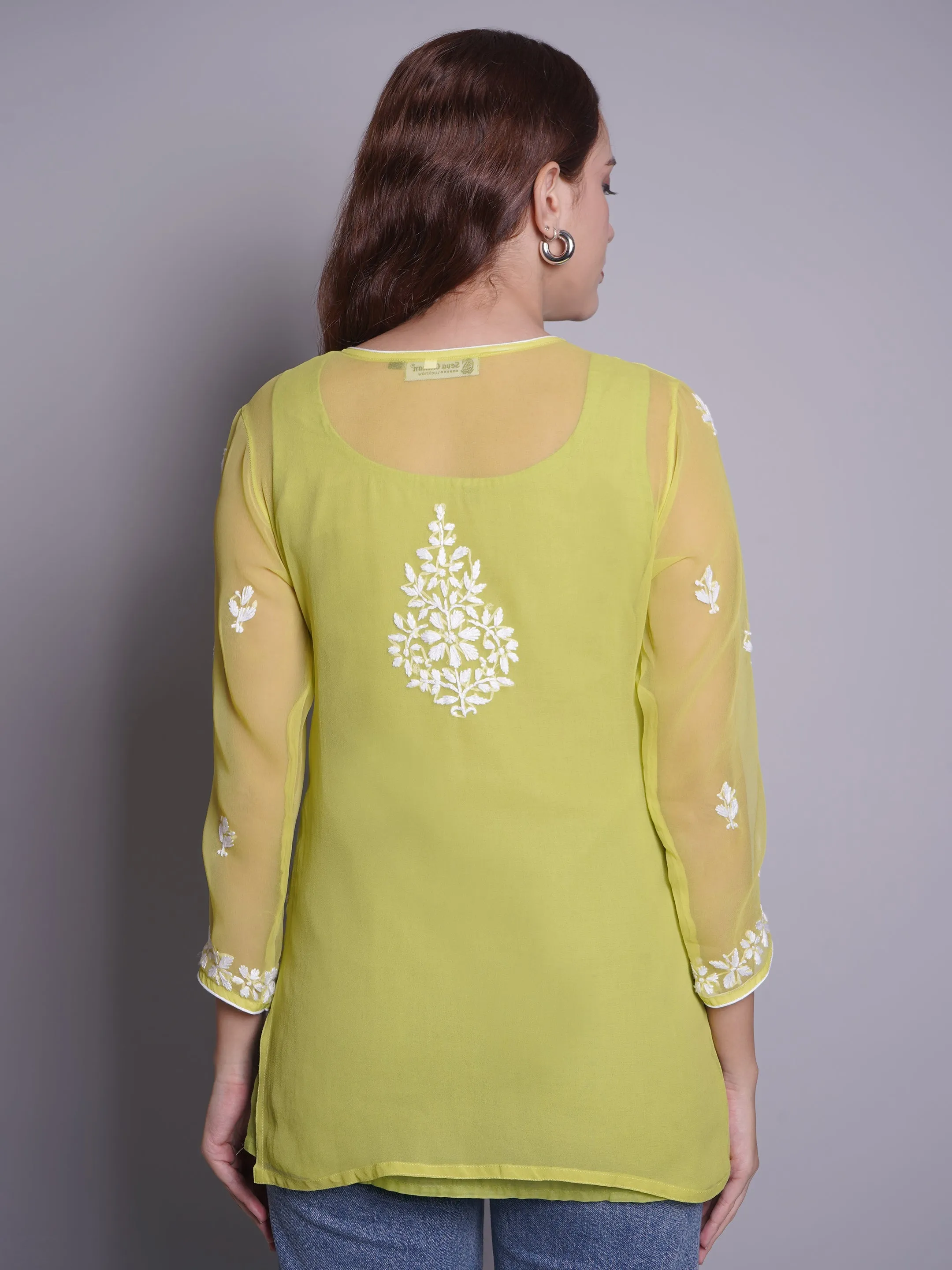 Parrot Green Georgette Chikankari Short Tunic With Slip