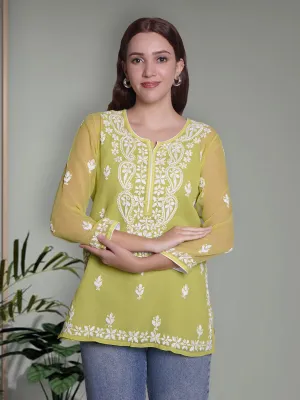 Parrot Green Georgette Chikankari Short Tunic With Slip