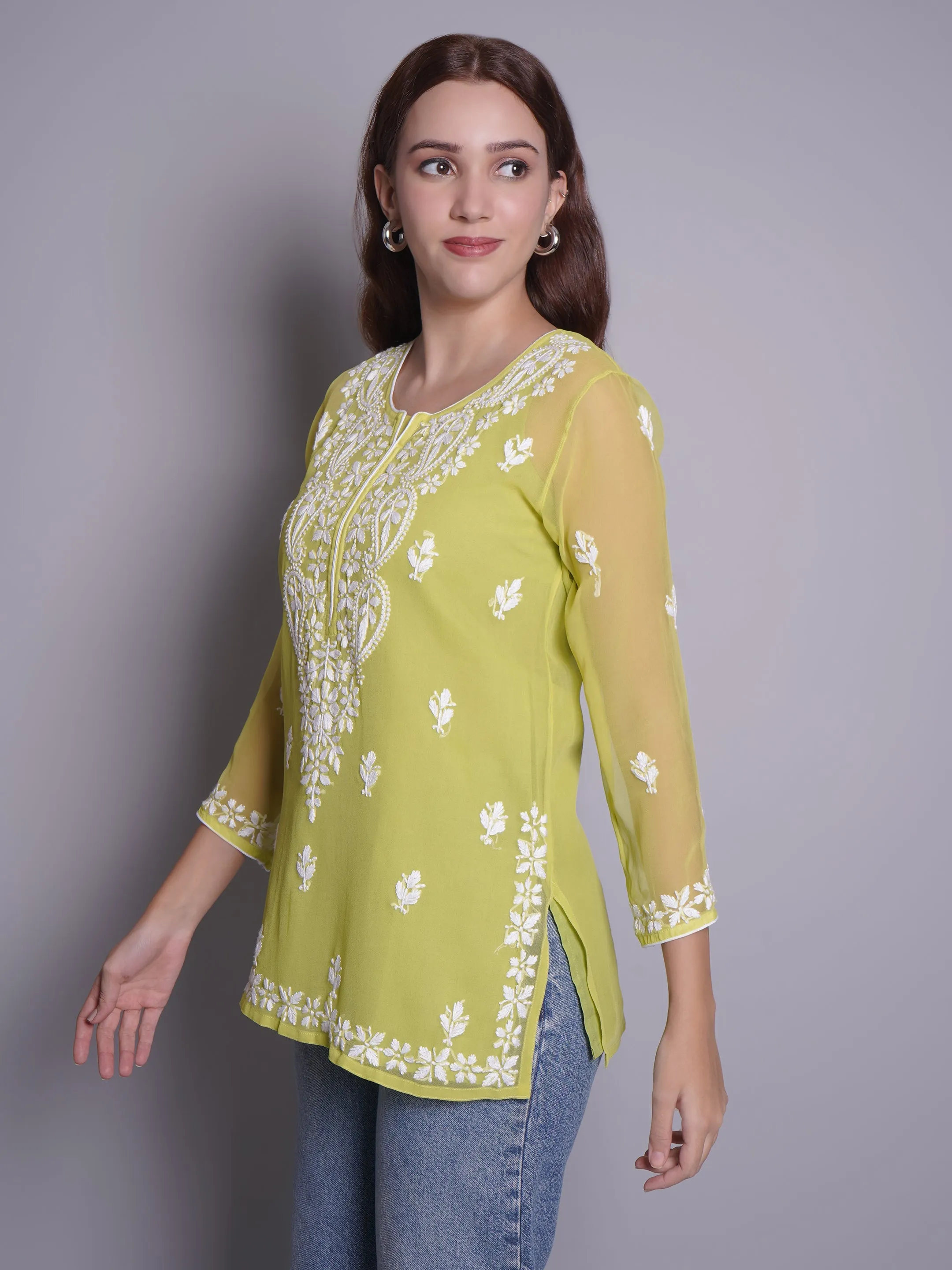 Parrot Green Georgette Chikankari Short Tunic With Slip