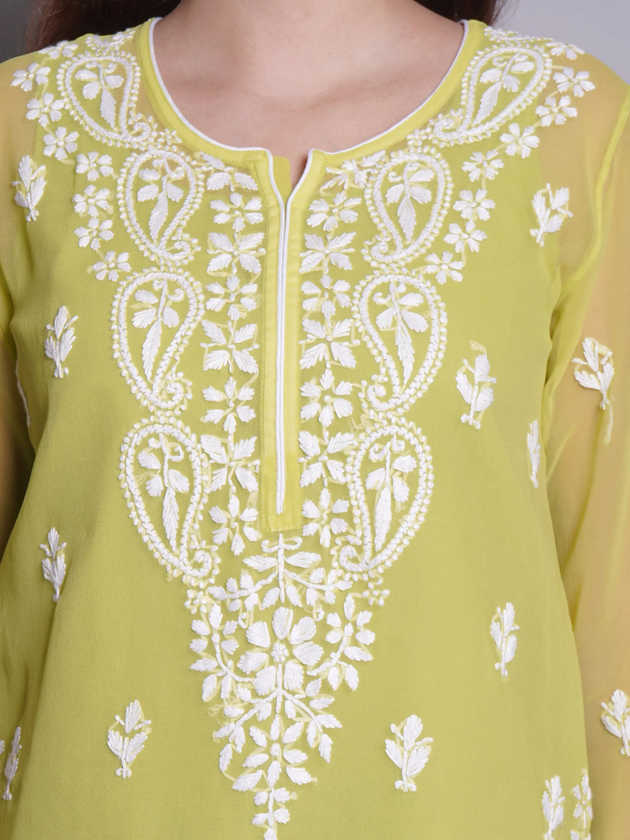 Parrot Green Georgette Chikankari Short Tunic With Slip