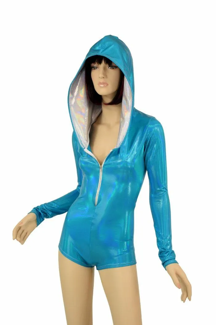 Peacock Holo Long Sleeve Hoodie Romper