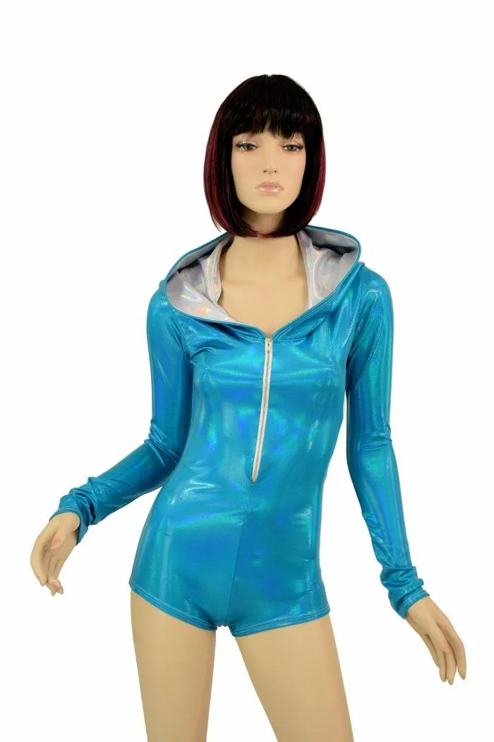 Peacock Holo Long Sleeve Hoodie Romper