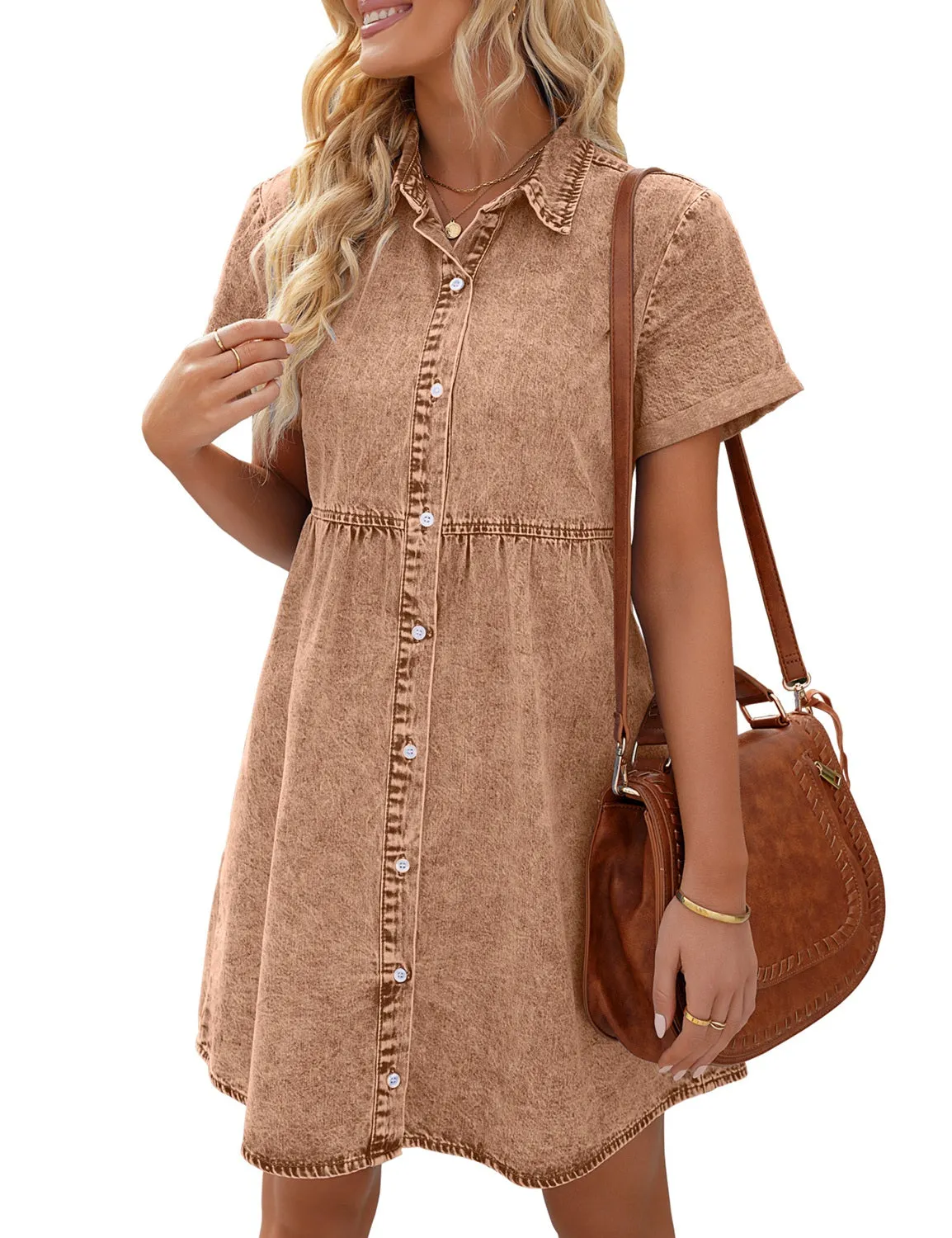 Pecan Brown Women's Short Sleeve Button Down Flowy Tiered Babydoll Denim Dress