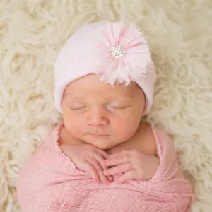 Pink Frayed Flower Newborn Hospital Hat