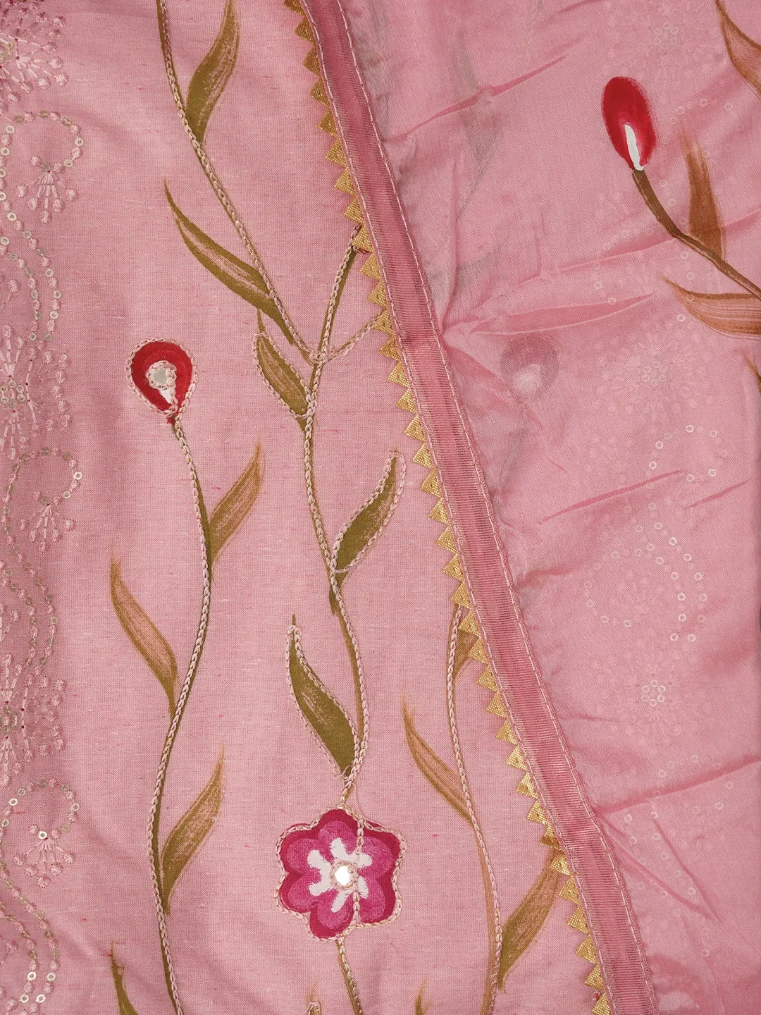 Pink Handpainted Embroidered Dress Material with Dupatta