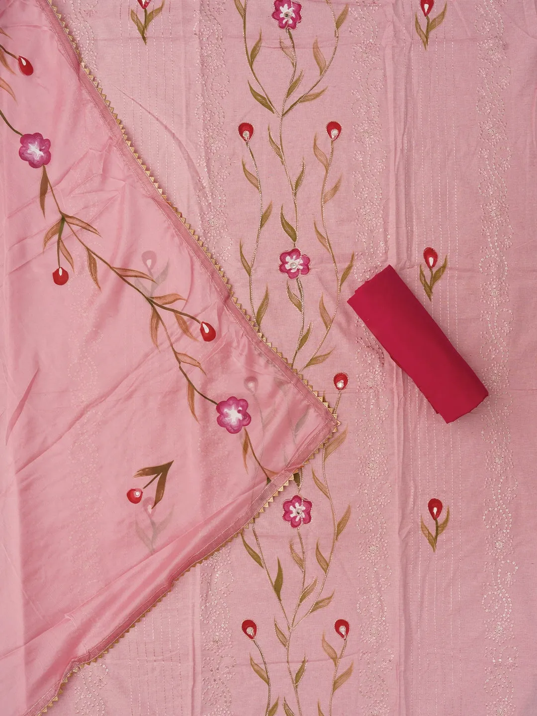 Pink Handpainted Embroidered Dress Material with Dupatta