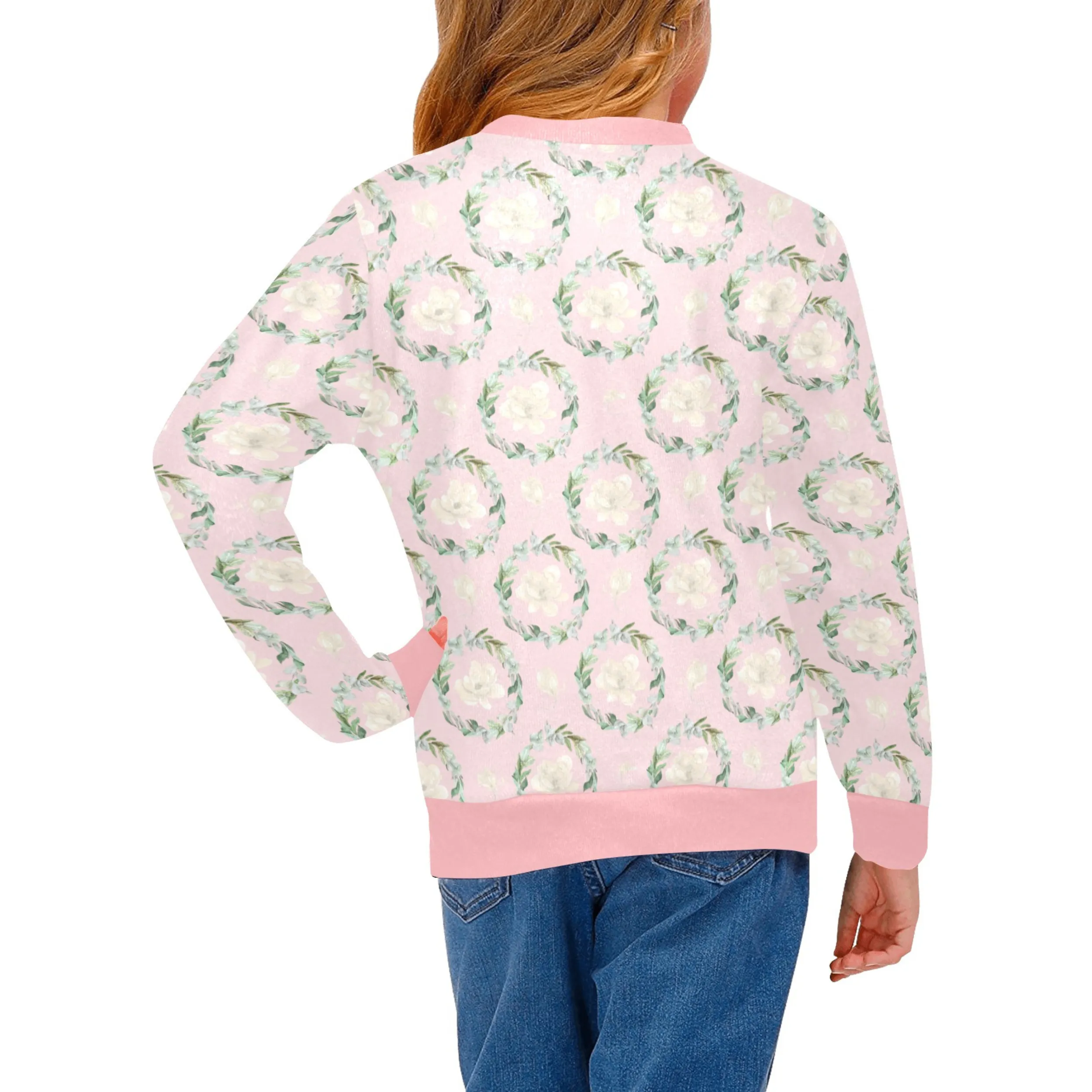 Pink Magnolia Crew Neck Sweatshirt | Soft Pink and Blue All Over Print | Cozy Fall & Winter Wardrobe Essential