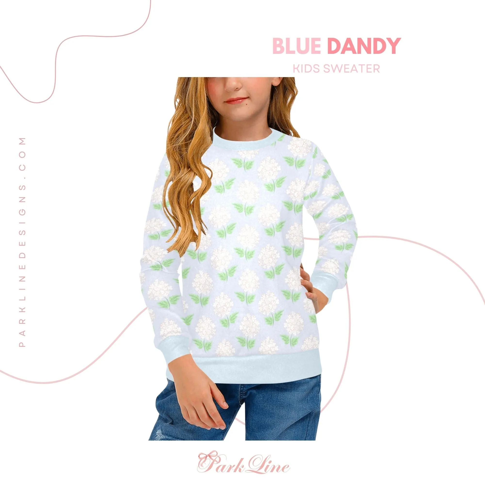 Pink Magnolia Crew Neck Sweatshirt | Soft Pink and Blue All Over Print | Cozy Fall & Winter Wardrobe Essential