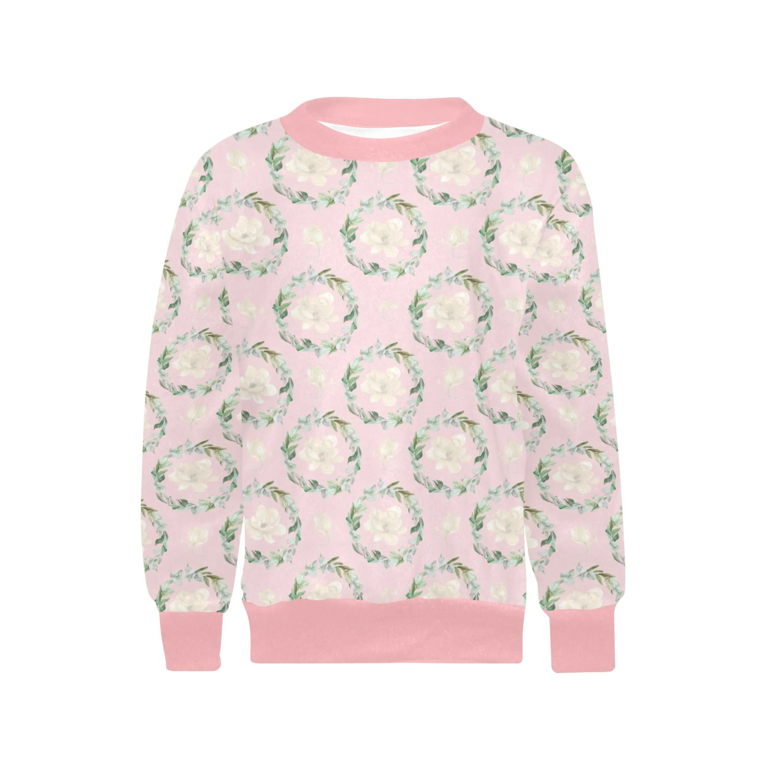 Pink Magnolia Crew Neck Sweatshirt | Soft Pink and Blue All Over Print | Cozy Fall & Winter Wardrobe Essential