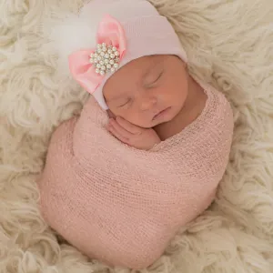 Pink Newborn Baby Girl Hospital Beanie Hat with Pink or White Fancy Feather, Pearl and Rhinestone Jewel