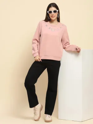 Pink Poly Blend  Embroidered Loose Fit Sweatshirt