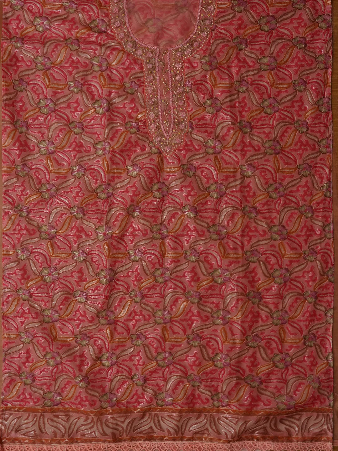 Pink Sequin Embellished Organza Printed Dress Material with Dupatta