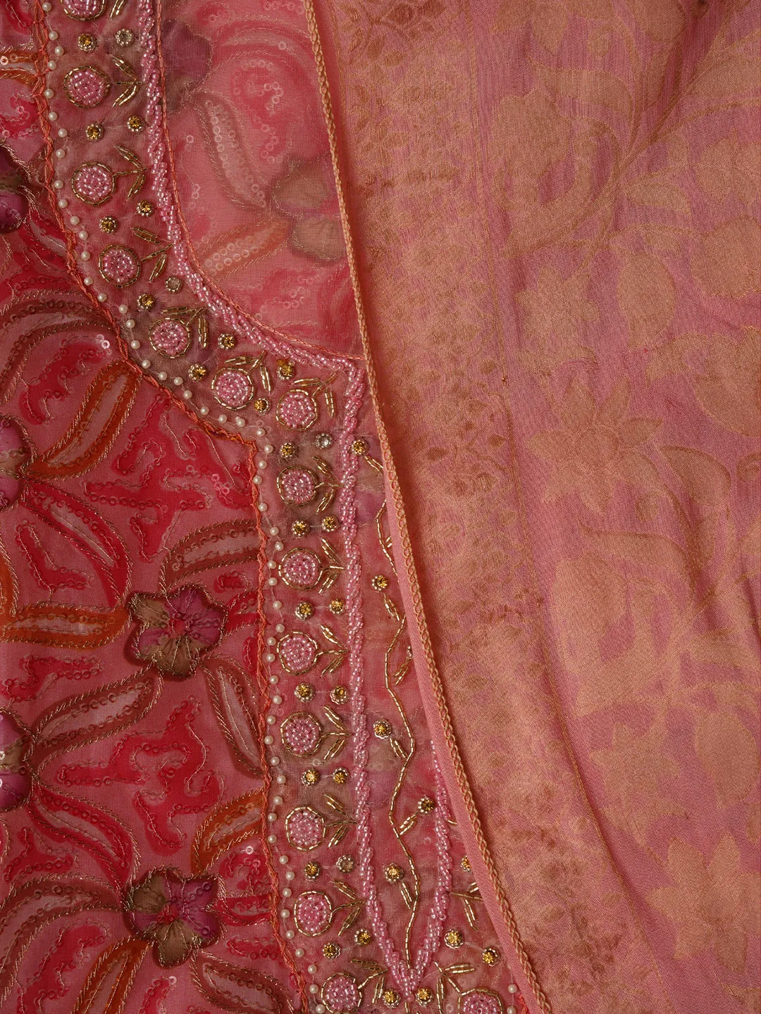 Pink Sequin Embellished Organza Printed Dress Material with Dupatta