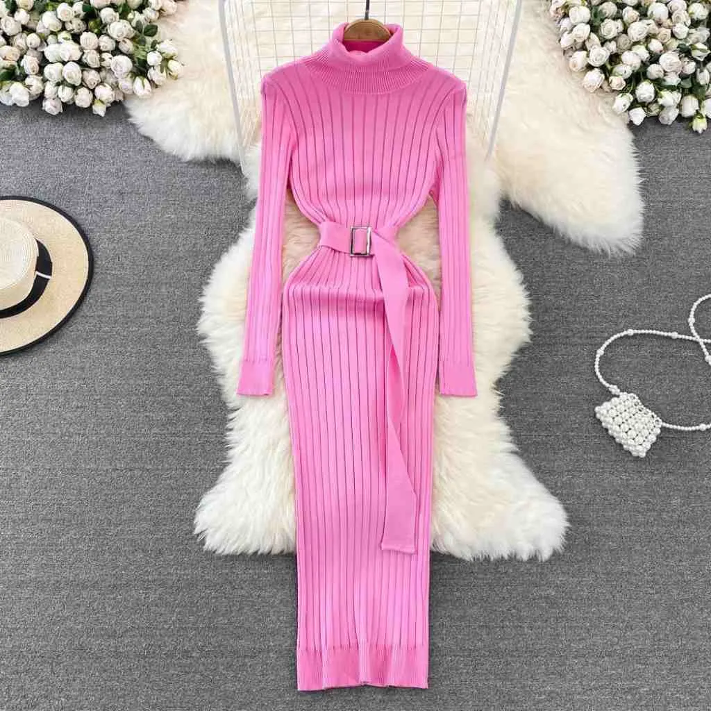 Pink Turtleneck Knitted Midi Dress