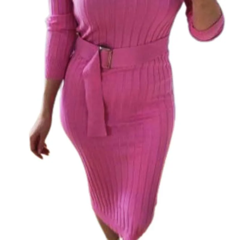 Pink Turtleneck Knitted Midi Dress