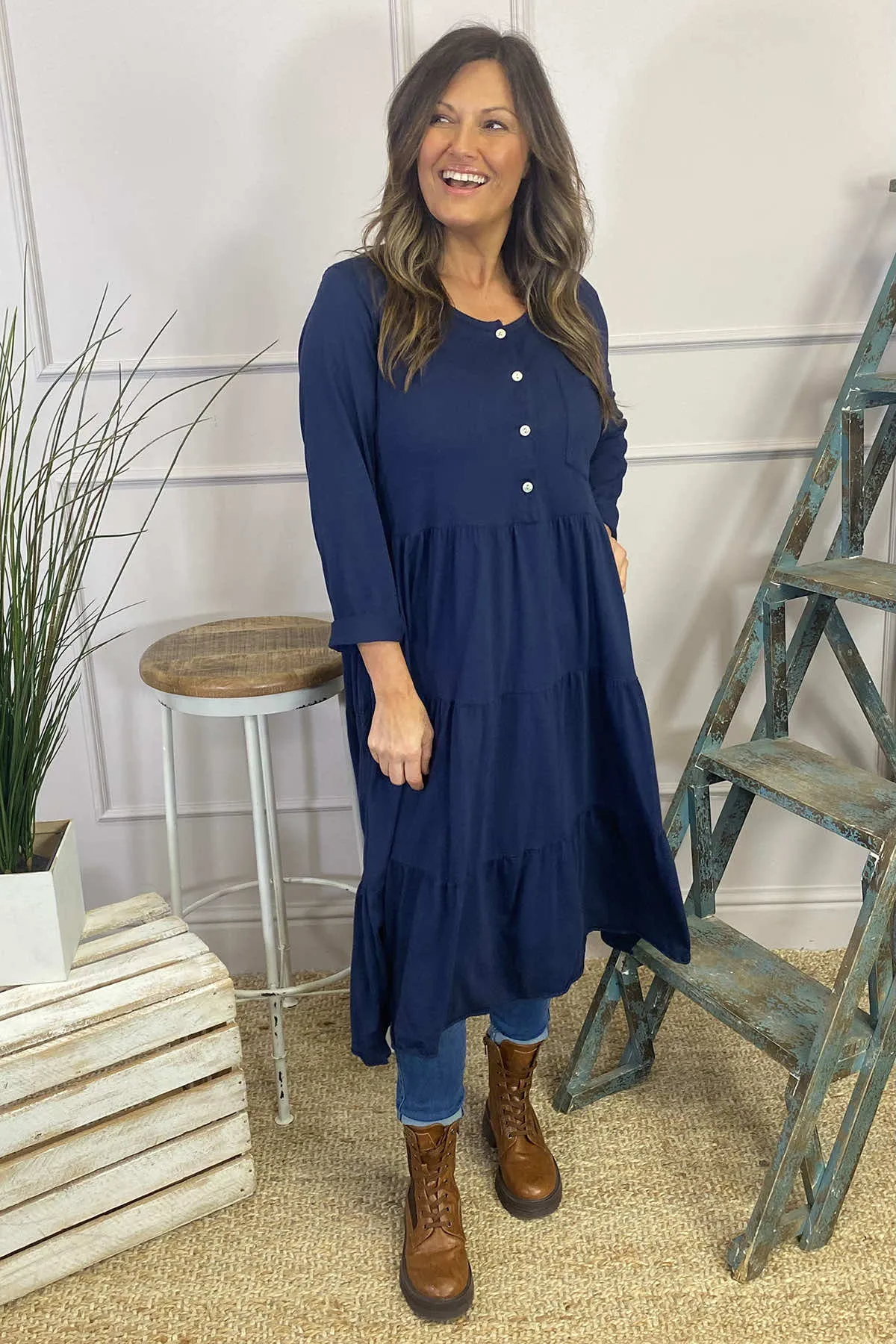 Piper Tiered Cotton Tunic Navy