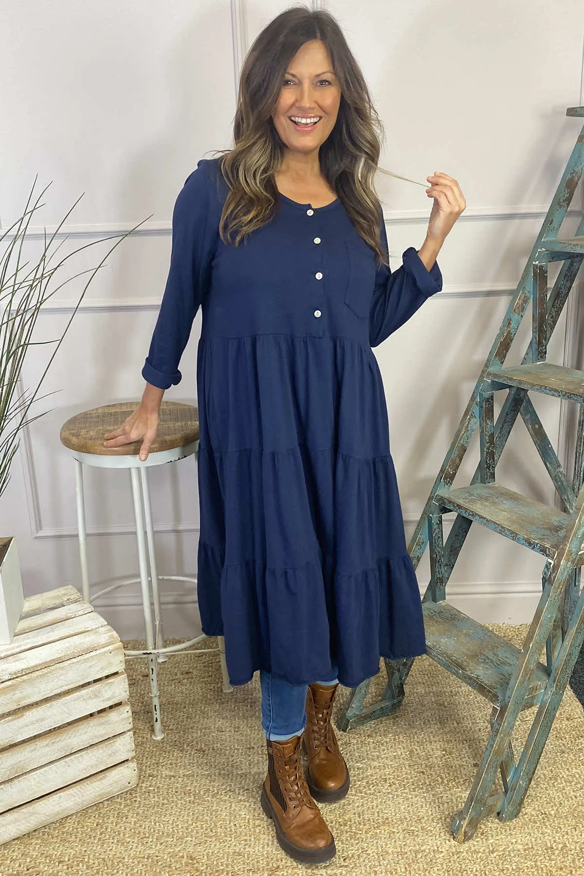 Piper Tiered Cotton Tunic Navy