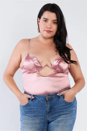 Plus Size Dusty Pink Silk Chain Spaghetti Strap High Thong Center Cut Out Bodysuit  /2-2-2