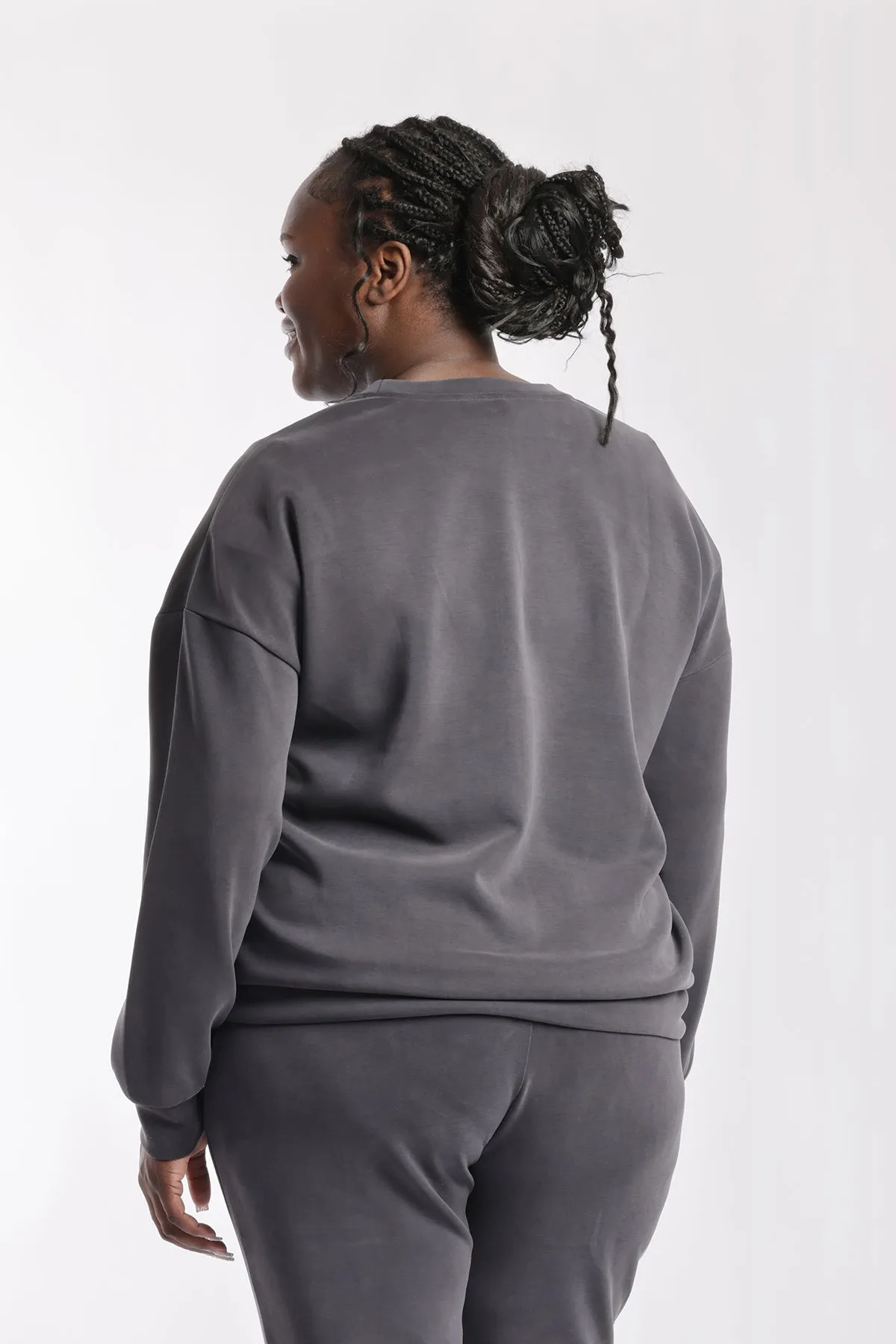 Premium luxe sueded scuba crewneck sweatshirt in charcoal