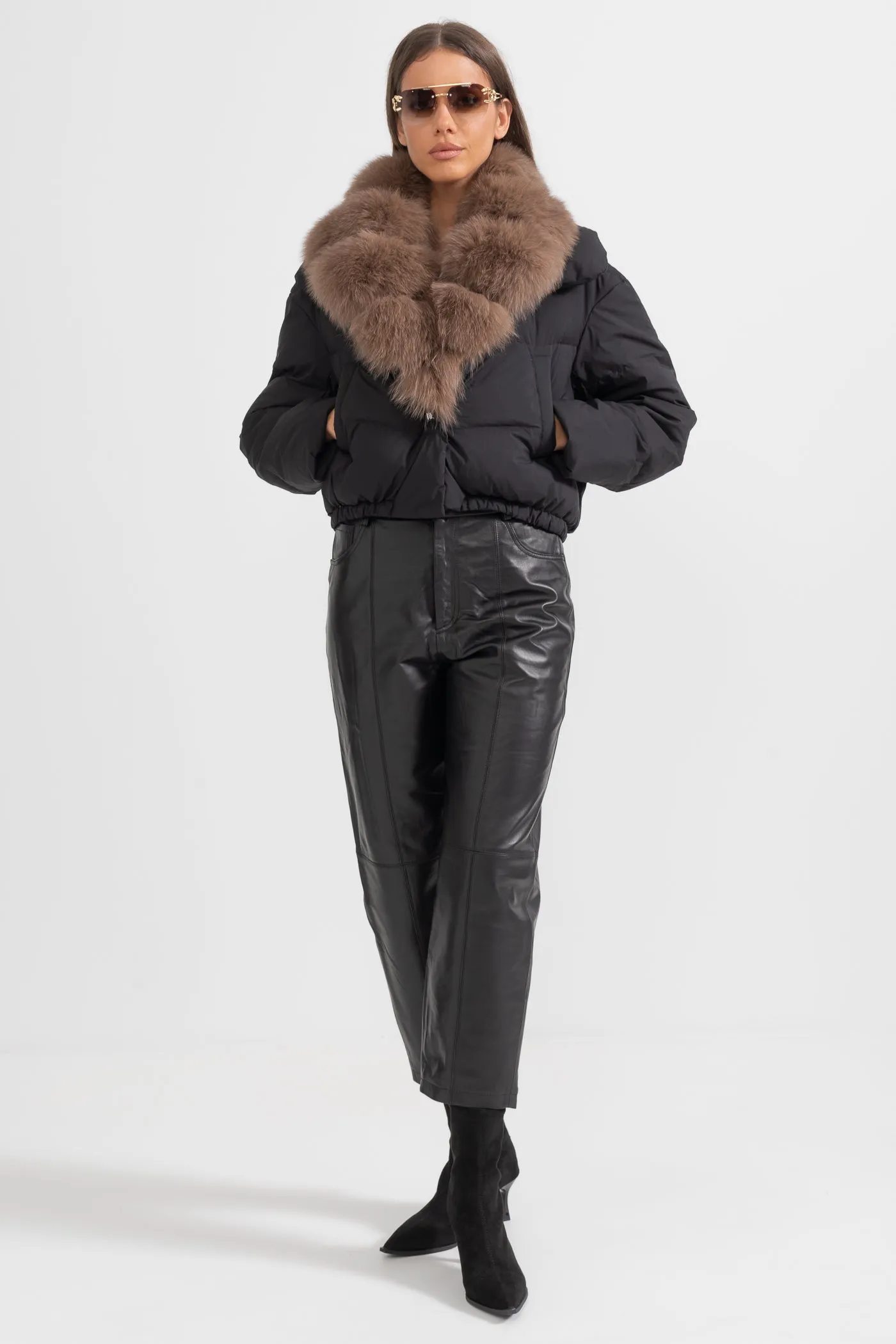 Puffer Jacket With Brown Fox Fur-Lined Hood - Black